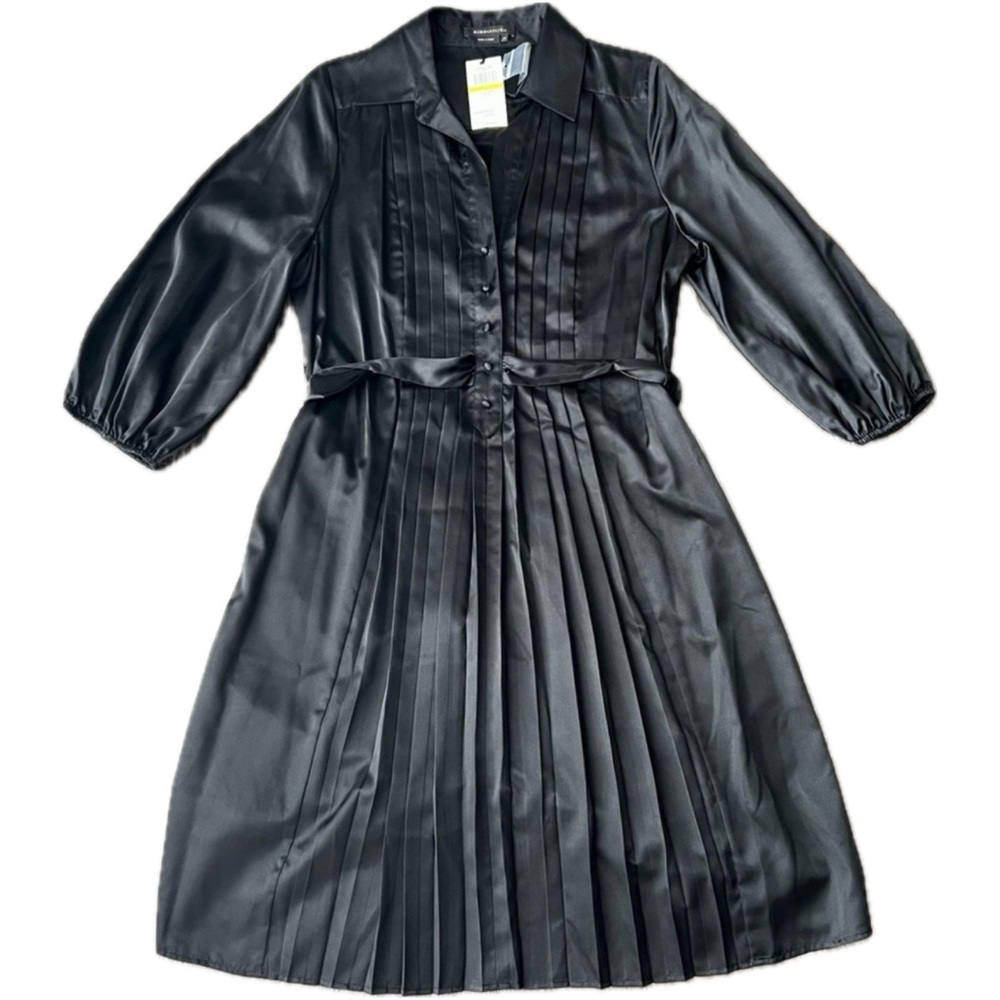 BCBGMaxAzria NWT Black Front Pleated Silk Blend Waist Tie Dress